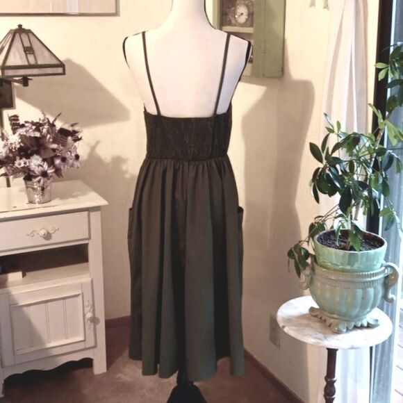 Olive Green Midi Slip Dress with Elastic Ruched Back. Coastal Cowgirl, Akubi - Picture 8 of 14